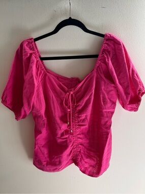 Michael Kors Pink Linen Blend Ruched Puff Sleeve Top L NWT!